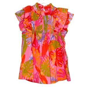 J.Marie Eden Sleeveless Pleated Lined Top Pink Floral Tropical Small NEW Pink